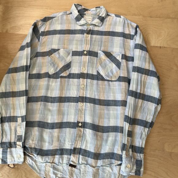 Billy Reid Linen Shirt 2XL Blue Check Collared Button Up Long Sleeve Casual - Picture 9 of 9